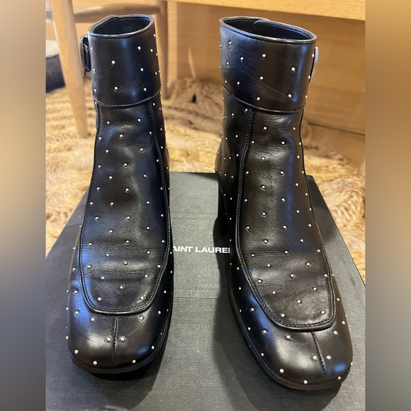 SAINT LAURENT | YSL Black Studded Leather Ankle Boots - Picture 11 of 11